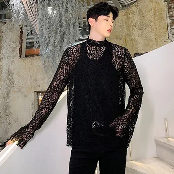 

Male Women Nightclub Vintage Tshirt Casual Tees Shirt Men See Through Long Sleeve Half Turtleneck Bottom Lace Gothic T Shirt