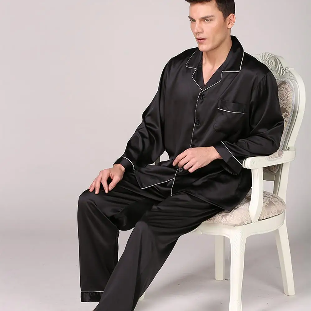 Осень Для мужчин s пятностойкий шёлк пижамный комплект Пижама Для мужчин пижамы современные Стиль шелковая ночная рубашка; мужская домашняя обувь из сатина, мягкая, удобная, для сна