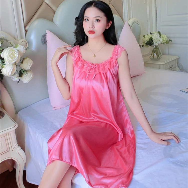 4XL Spring Ice Silk Lace Nightgown Home Clothing Ladies Long Gowns Pink Sleep Dress Women Sleepwear Sleeveless Sexy Sleepwear