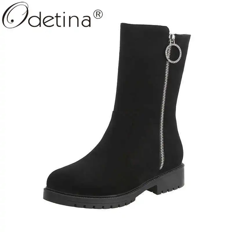 Odetina/женские модные ботинки до середины икры из искусственной замши с боковой молнией на массивном каблуке новые женские зимние ботинки на меху с круглым носком на молнии