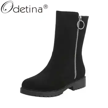

Odetina Women Fashion Faux Suede Side Zipper Block Chunky Heel Mid Calf Boots Ladies New Round Toe Zip Up Thick Fur Snow Boots