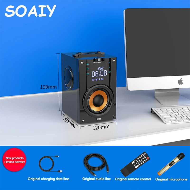 SOAIY беспроводной Bluetooth динамик, портативные колонки стерео сабвуфер большой мощности тяжелый басовый плеер Поддержка светодиодный дисплей часы с радиоприемником TF