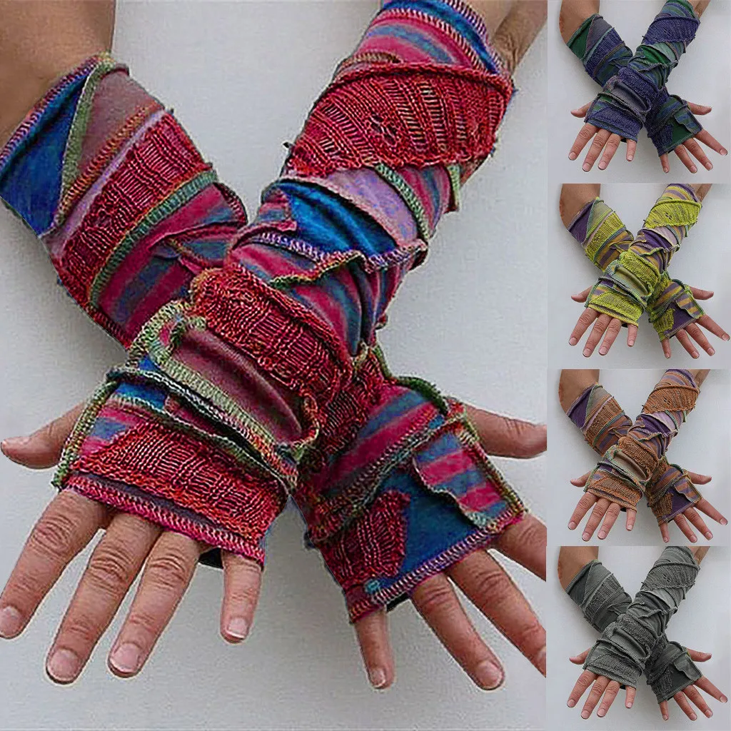 

Fashion Winter Warm Patchwork Weave Half Finger Thicken Thermal Rainbow Casual Tide Long Gloves Guantes Invierno Mujer