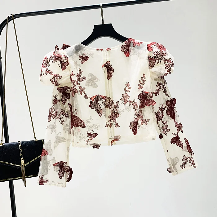 Neploe, винтажная женская блузка, 3D бабочка, вышивка, на молнии сзади, рубашки, осень, длинный рукав-фонарик, круглый вырез, пуловер, Blusas 55776