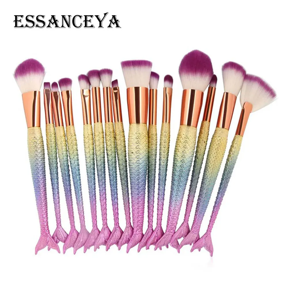 15pcs ESSANCEYA Русалка профессиональная оболочка кисти для макияжа основа для макияжа веер косметическая пудра многофункциональные тени для век Инструменты для бровей - Handle Color: 15pcs