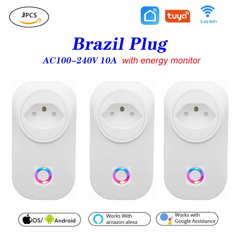 3 шт. Tuya wifi умная розетка Smart Plug BR Plug 10A пульт дистанционного управления Alexa Google Home Energy Monitor