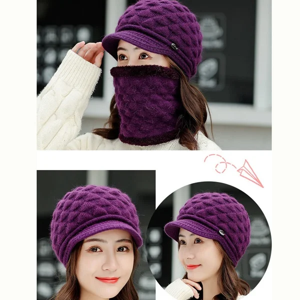 Dark Purple SYi Qarce, стиль, Корейская версия, мех кролика, плюс бархат, нагрудник, две части, вязаная шапка, для езды на велосипеде, защита ушей, шапка для женщин - Цвет: Dark Purple