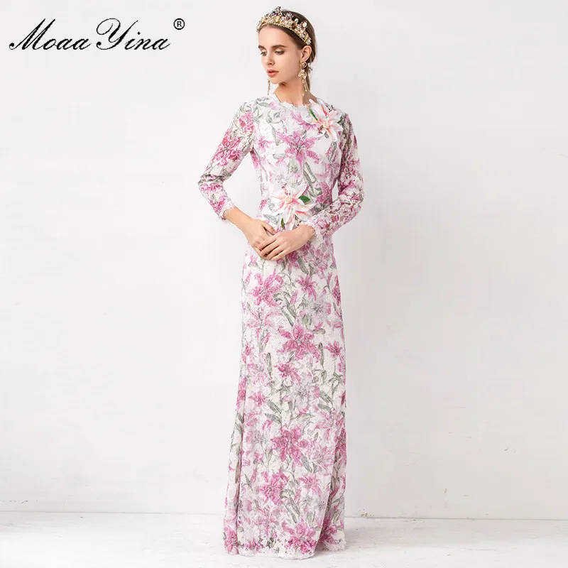MoaaYina модные дизайнерские Подиумные платья макси с цветочным принтом сексуальные с принтом на рукаве Роскошные Аппликации бисером вечерние платья