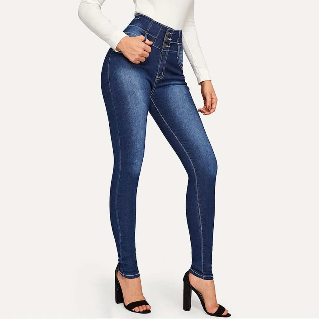 Women Autumn Elastic Button Jeans Female Pant Slim Stretch Jeans Blue Ladies Small Feet Cropped Pencil Pant#BL20
