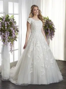 

Champagne A-line Modest Wedding Dresses With Cap Sleeves Jewel Neck Buttons Back Modern LDS Modest Bridal Gowns Sale