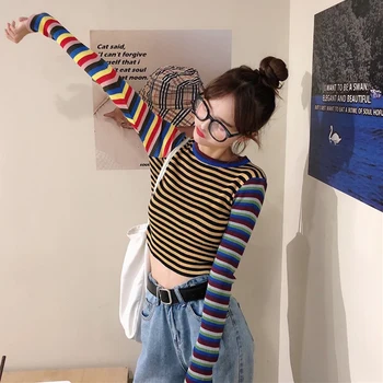 

Striped Slim Short Apron Long Sleeve Knit Top Europe and America Contrast Trend Shirt