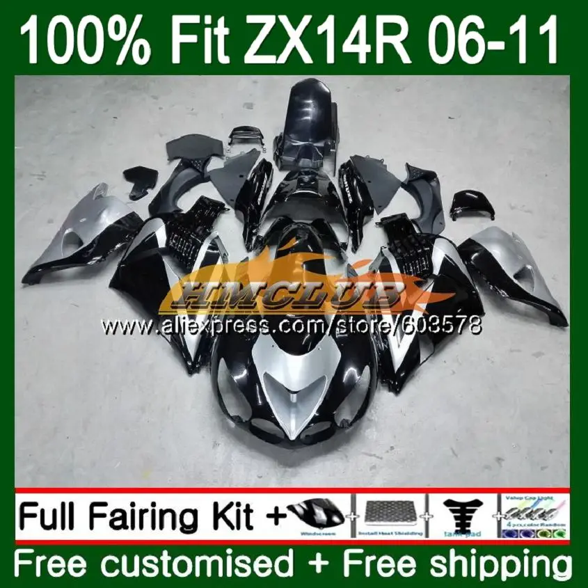 Инъекции для KAWASAKI ZZR1400 ZX14R 06 07 08 09 10 11 113CL. 21 Серебряный blk ZX 14R ZX-14R 2006 2007 2008 2009 2010 2011 обтекатель