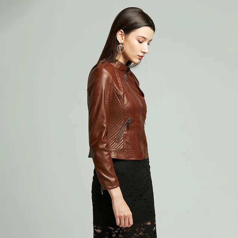 PU leather Women jacket Tops Ladies Coat cropped length Outdoor Long Sleeve Motorcycle Stylish biker club casual clothes female