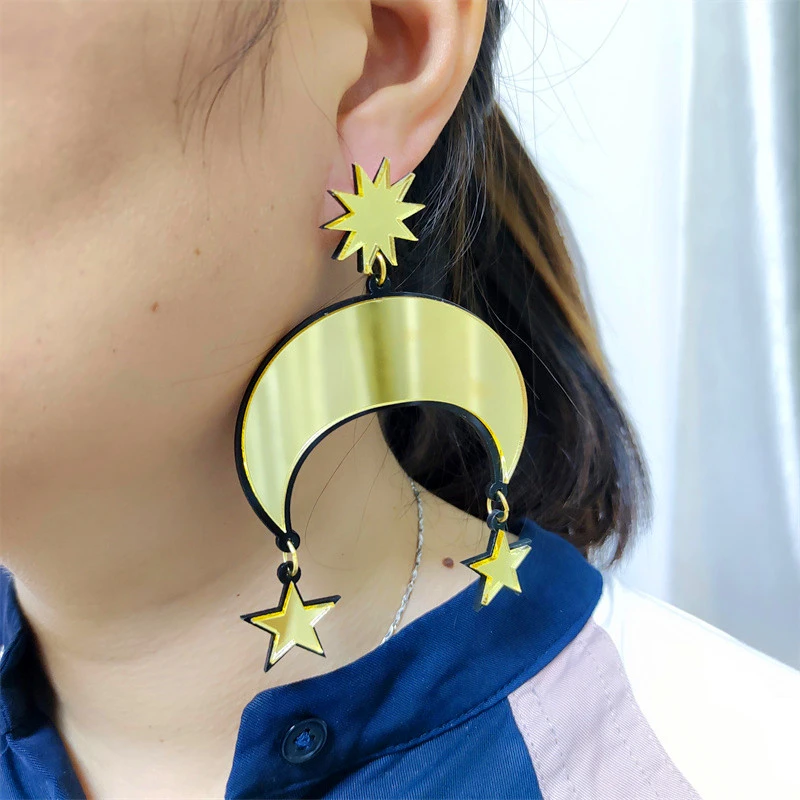 KUGUYS Acrylic Gold Mirror Drop Earrings for Women Sun Star Moon DJ DS Fashion Jewelry | Украшения и аксессуары
