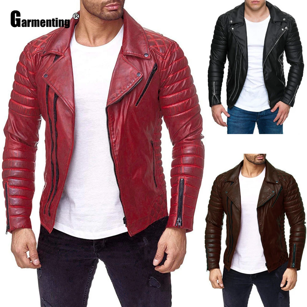 

Garmenting Mens Pu Leather Jacket Trend 2020 Autumn Motorcycle Jackets Multi Zipper Faux Leather Outerwear Red Black Men Clothes