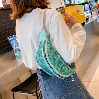 

Women Simple waist bag plastic Zipper Print Newspaper Creative belt bag Ladies environmentally bum bag cangurera para la cintura
