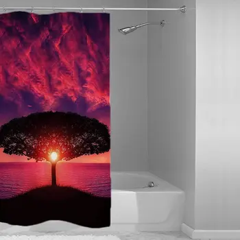 

Landscape Single Tree with Sunset Shower Curtain Decor by Red Sky Reflect On Water,100% Waterproof Fade Resistant Polyester