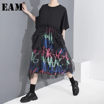 

[EAM] Women Black Pattern Mesh Split Big Size Dress New Round Neck Half Sleeve Loose Fit Fashion Tide Spring Summer 2020 1T84201