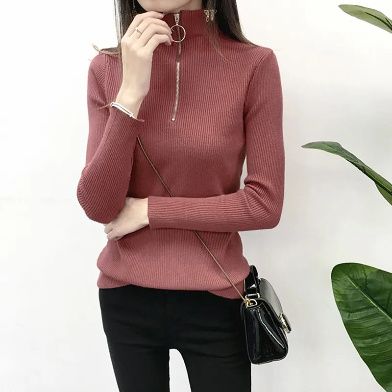 

New Autumn Ladies Sweaters Half Turtleneck Stretch Knit Wear Long Sleeve Women Zipper Outwear Sweater W1