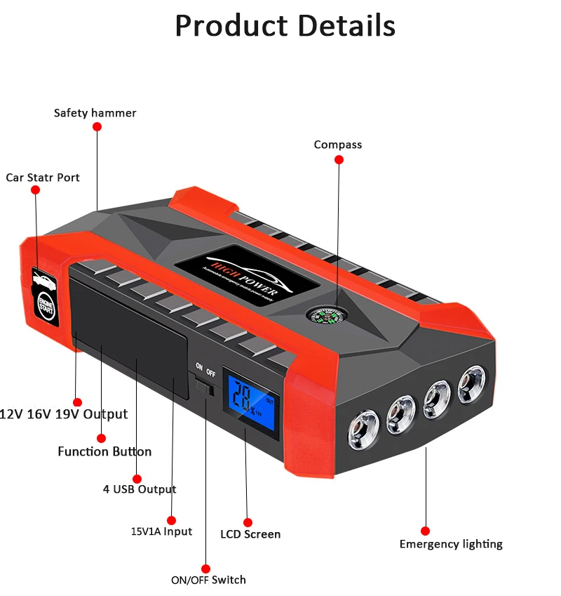 Автомобильное пусковое устройство, аварийное пусковое зарядное устройство, внешняя батарея 20000 мА/ч, 4 USB power Bank для iPhone, samsung, Xiaomi, с фонариком