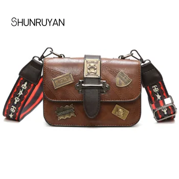 

SHUNRUYAN 2018 New Fashion Vintage Badge and Rivets Brand Design Women Small Flap Ladies Bag Shoulder Bag Crossbody Bag Female