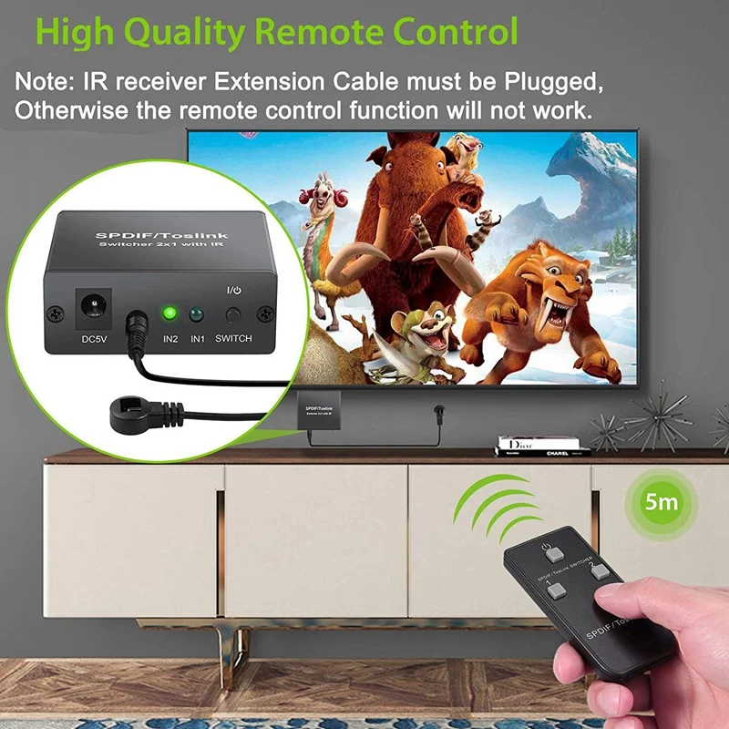 Digital Toslink Optical 2X1 Switch with IR Remote Control Digital Audio SPDIF/ToslinK Switcher Support LPCM 2.0/DTS/Dolby-AC3