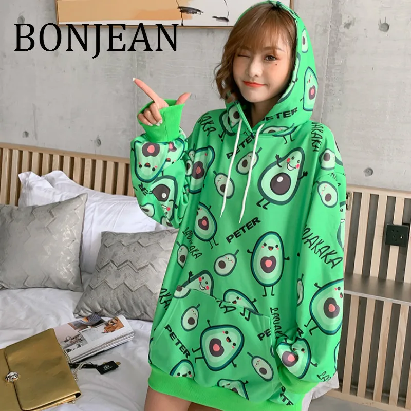 Bonjean/толстовки с мультяшным принтом и пуловеры, осень, топы с длинными рукавами, толстовки с капюшоном, длинные зеленые толстовки, BJ1674