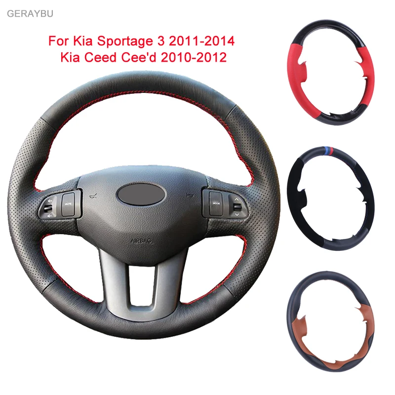 GERAYBU Custom DIY Black Leather Hand sewn Car Steering Wheel Cover For