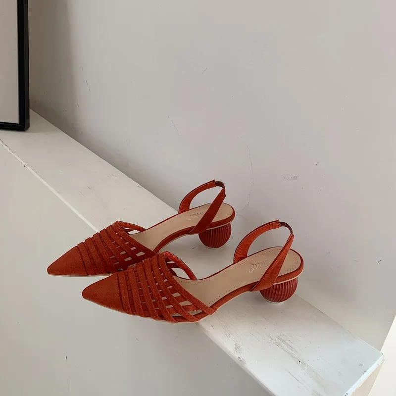 

Black Shoes Casual Slingback High Heel Shoes Round Heel Women Shoes Pumps Summer Hollow Out High Heels Ladies Low Heel Shoes