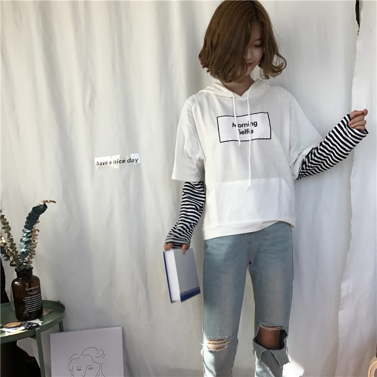 Woherb, новинка весны, Harajuku, уличная мода, толстовки для женщин, поддельные, 2 штуки, в полоску, с длинным рукавом, Корейская уличная одежда, свободная