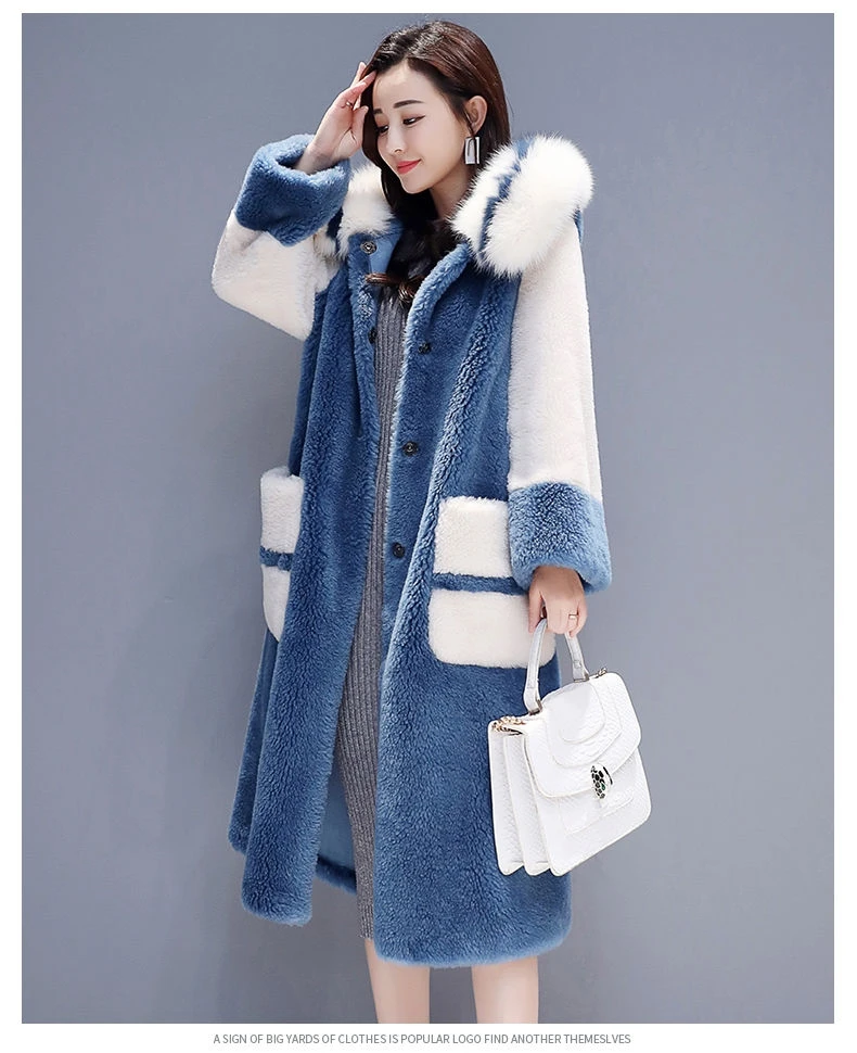 Высокое качество, Длинные теплые зимние женские пальто из овчины, чистый цвет, Воротник из лисы, искусственный мех, большие размеры, кашемировое пальто D191014