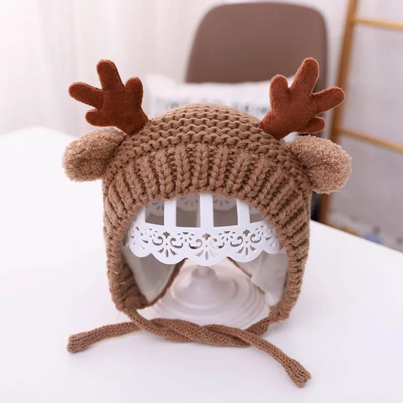 Cute Deer Elk Antlers Baby Hat Winter Warm Plush Knitted Ear Warmer Children Hat Bonnet Boys Girls Cap Beanie Christmas Hats