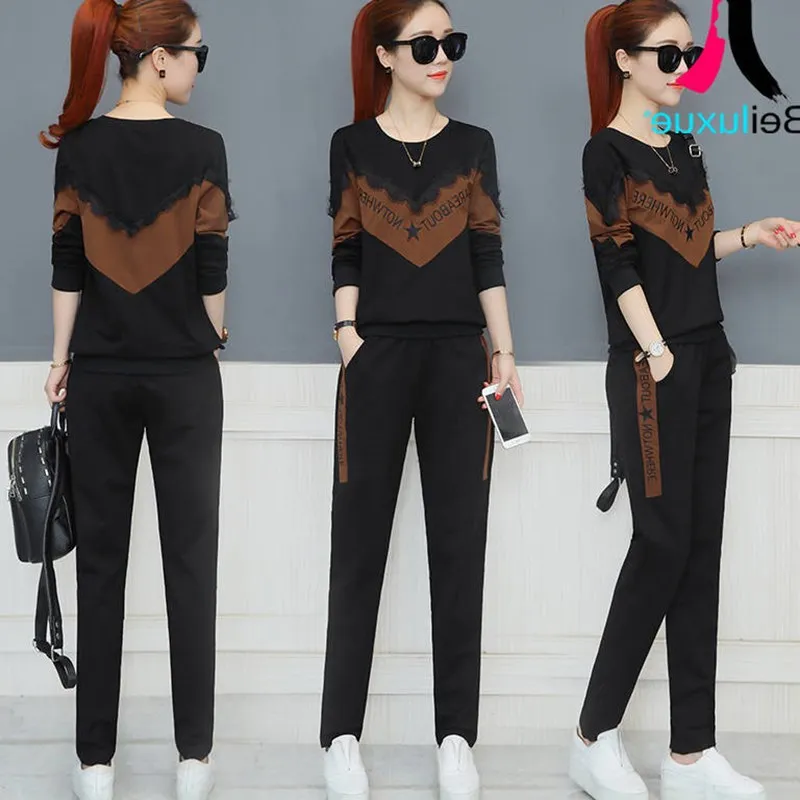 

8923 # Fashion & Sports WOMEN'S Suit 2019 Spring And Autumn New Style Korean-style Loose And Plus-sized Hoodie WOMEN'S Suit Two