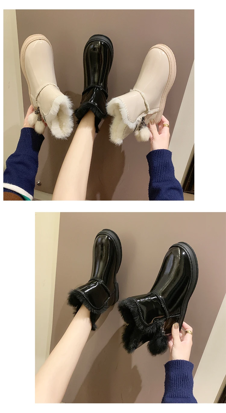 Snow boots patent leather women short boots winter wild plus velvet flat bottom white bright face Martin boots women boots