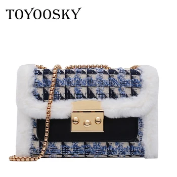 

TOYOOSKY Winter Wool Plaid Women Handbags Fur Feather Mini Flap Shoulder Crossbody Bags Ladies Party Clutch Bag Bolsas Femininas