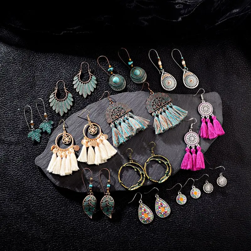 

10 Pairs/Lot Vintage Ethnic Gypsy Indian Earrings Set Women's Boho Jewelry Ladies Retro Tassel Hollow Tassel Jhumka Earrings