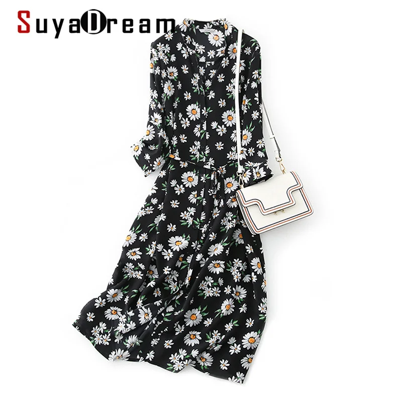 SuyaDream Woman Silk Midi Dress 100%Silk Crepe