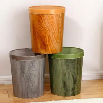 

12L Garbage Bin Imitation Wood Grain Round Storage Box Trash Can Organizer Desk Storage Basket
