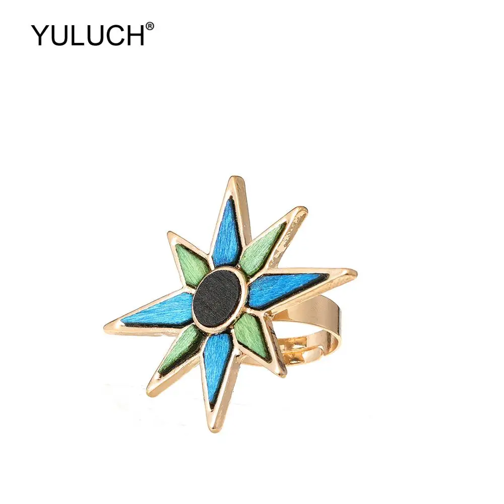 

YULUCH Fashion Jewelry Ethnic African Indian Gold Metal Setting Blue Green Triangle Wooden Star Adjustable Big Rings For Women
