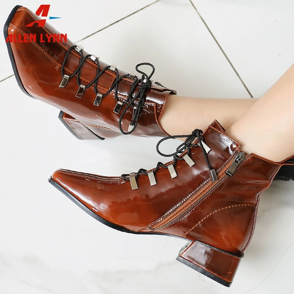 

ALLENLYNN Women Ankle Boots Patent Genuine Leather Shoes Woman Lace Up Ankle Boots Square Heels Zipper Ladies Boots Size 34-43