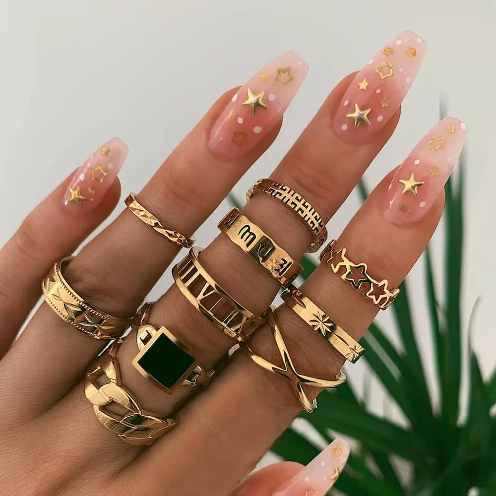 

docona Punk Gold Carving Geometric Ring Set for Women Chains Star Black Stone Knuckle Midi Ring Set Party Jewelry Gifts 9071