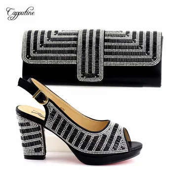 

Fashionable black high heel pump shoes and bag sets with stones T1070 , heel height 9.3cm