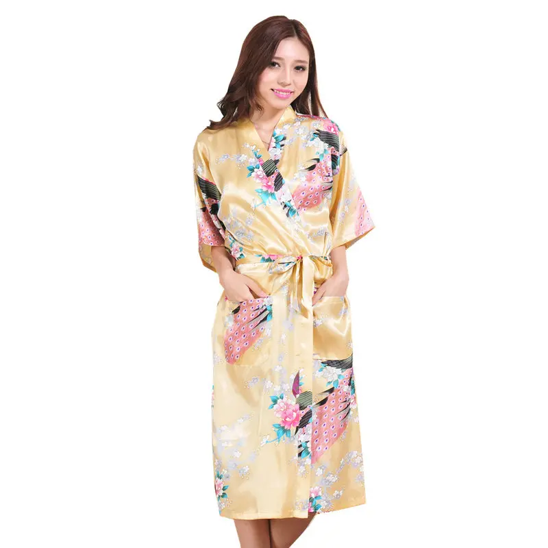 Owiter плюс Размеры S-XXXL для свадьбы, невесты, подружки невесты Robe шелковый атлас Пижама-халат для Для женщин кимоно с цветочным принтом пикантные Для женщин одежда для сна - Цвет: gold