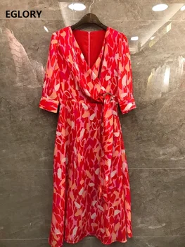 

Beautiful Dress 2020 Spring Summer Women V-Neck Golden Chain Beading Deco Waist Half Sleeve Mid-Calf Length Red Print Silk Dress