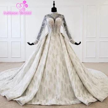 شراءالشمبانيا الدانتيل كم طويل الرقبة فساتين الزفاف 2020 دبي الفاخرة الخرز الترتر زي العرائس مخصص الراقية ثوب