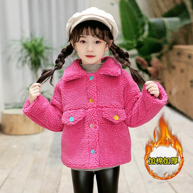 Разноцветное пальто с плюшевым мишкой на пуговицах для маленьких девочек 3-12 лет, плотная теплая мохеровая куртка, зимние детские пальто с искусственным мехом, Детская верхняя одежда - Цвет: rose red