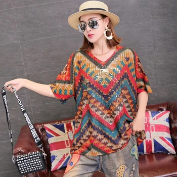 

Hip Hop Style Geometric Printed Knitted Pullover 2020 Summer Korea Fashion Loose Bronzing Sweater Top Tide