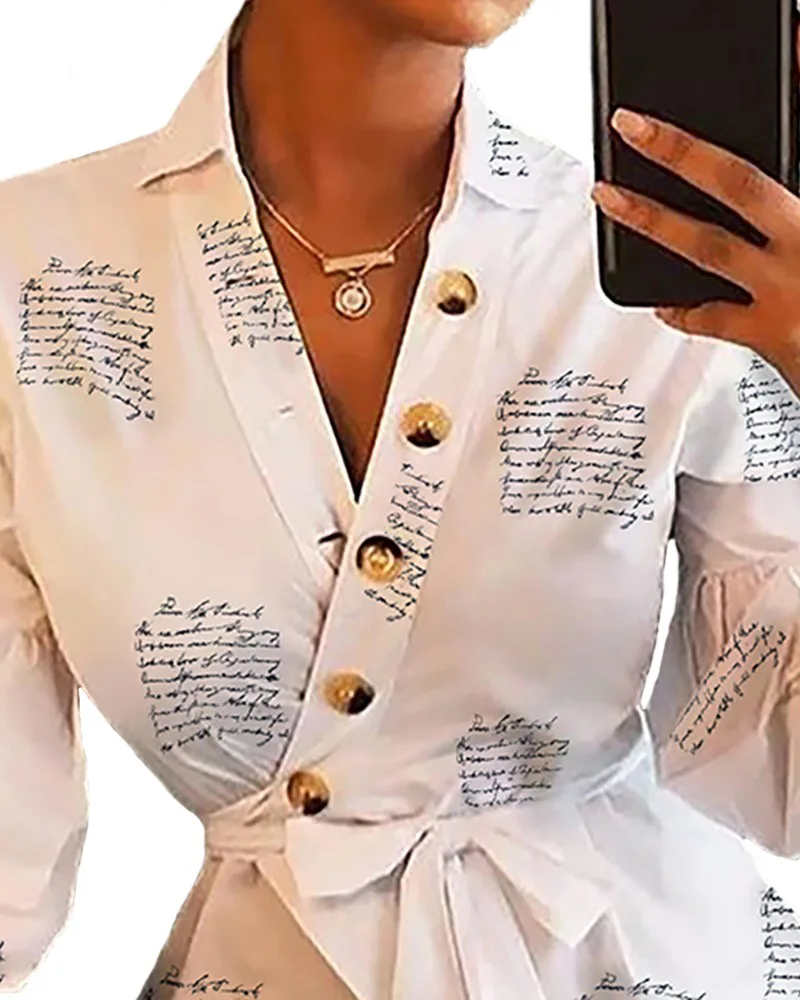 2020 letter printed blouse explosion models Spring long-sleeved V-neck lantern sleeve shirt, streetwear