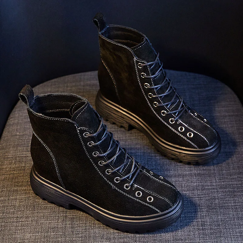 

2019 Autumn And Winter New Style Boots Women's England Lace-up WOMEN'S Shoes Flat Dull Polish Retro Elevator Cowhide Martin Boot