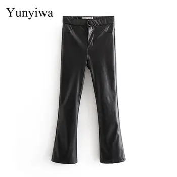 

New Women Fashion Black PU Leather Skinny Flare Pants Office Lady Wear Zipper Fly Casual Slim Pantalon Calf Length Trousers